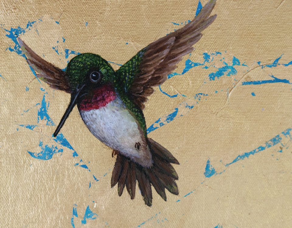 Amanda Kaay - original painting - acrylic and gold leaf - hummingbird closup