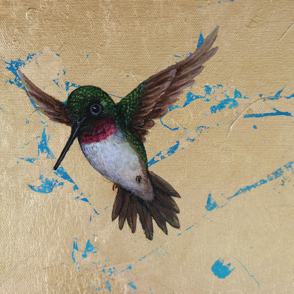 Amanda Kaay - original painting - acrylic and gold leaf - hummingbird closup