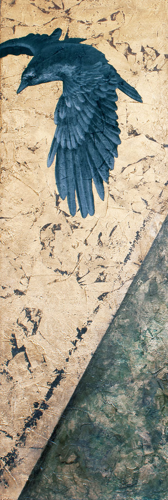Amanda Kaay - original painting - acrylic and gold leaf - Flying Crow
