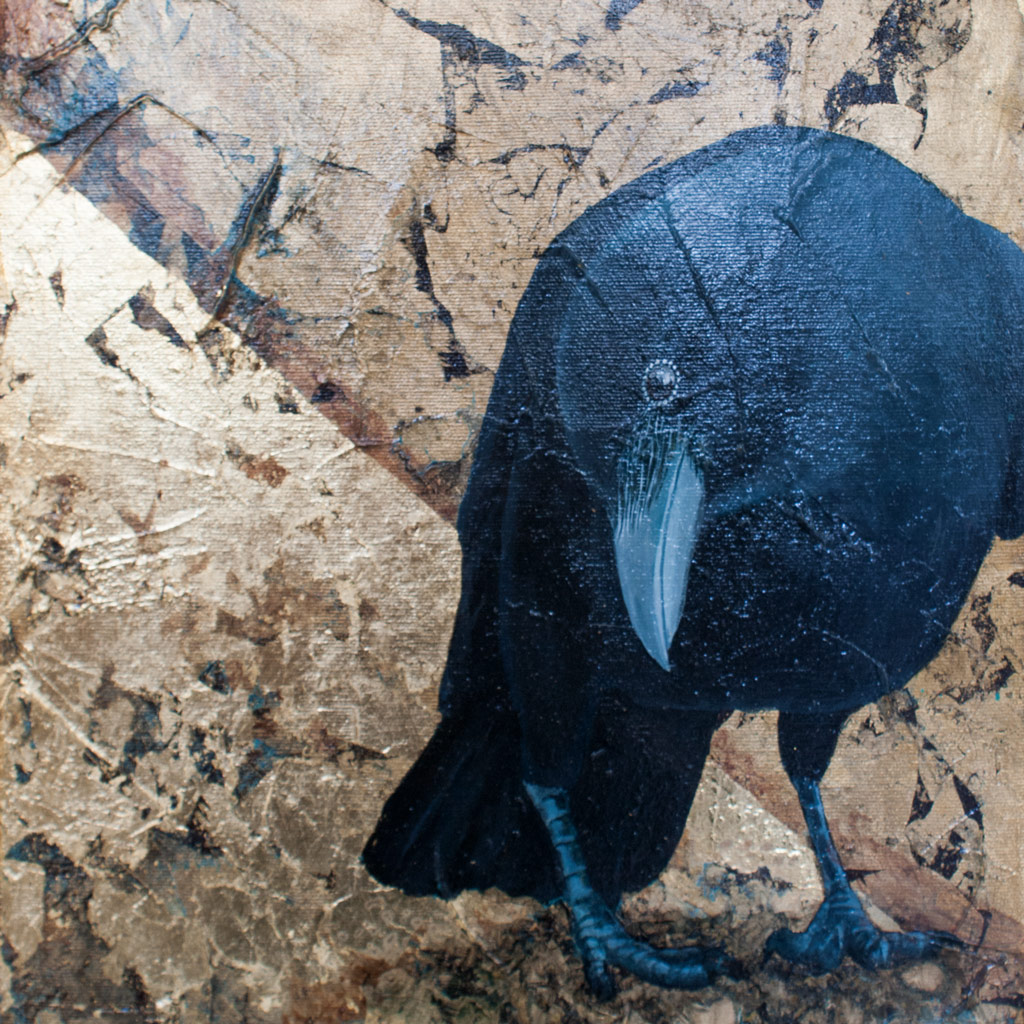 Amanda Kaay - original painting - acrylic and gold leaf - Caw-fee Crow
